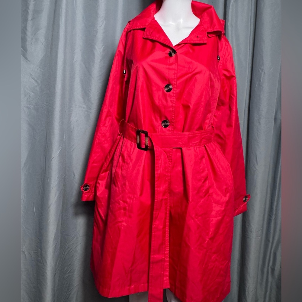 Capelli New York Red Hooded Trench Rain Coat Belted Button Front Size S